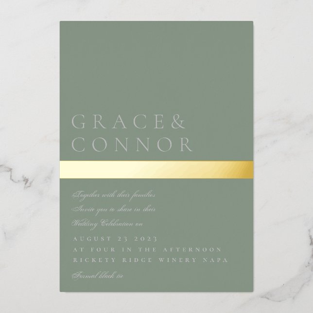 Invitation En Aluminium Classic Moderne Sage Vert Gold Mariage (Recto)