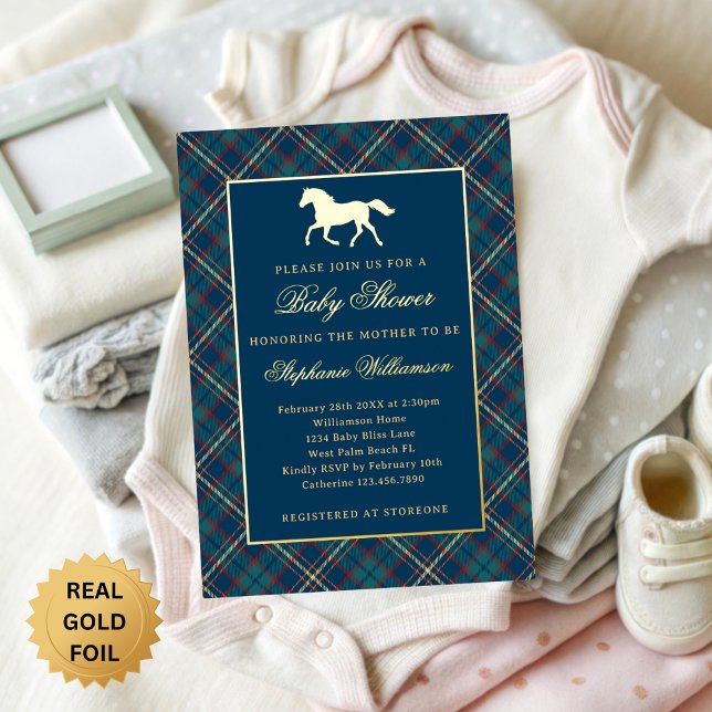 Invitation En Aluminium Classic Preppy Plaid Blue Equestrian Baby Shower (Créateur téléchargé)