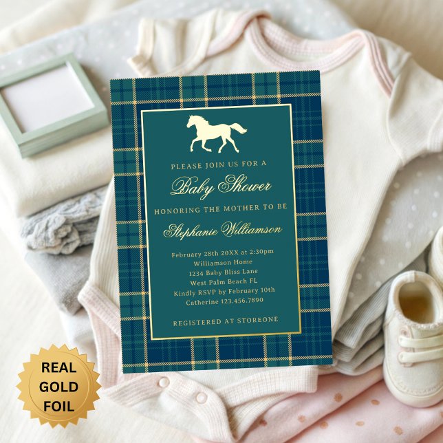 Invitation En Aluminium Classic Preppy Plaid Green Horse Baby Shower (Créateur téléchargé)