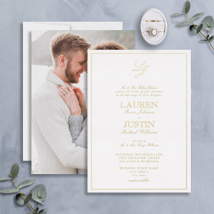 Invitation En Aluminium Classic Script Monogramme Photo Mariage Gold
