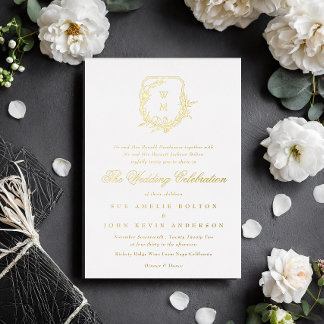 Invitation En Aluminium classique blanc monogrammé mariage or crête