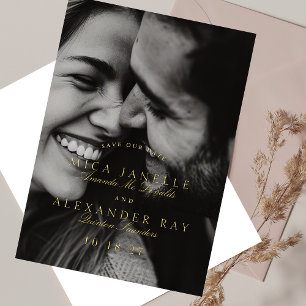 Invitation En Aluminium Classique Formelle Élégante Calligraphie Photo Or