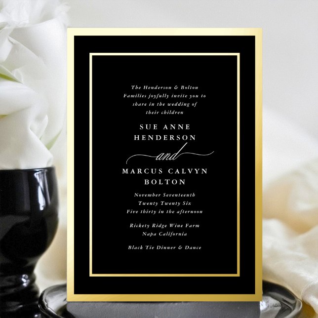 Invitation En Aluminium Classique Mariage Blanc Script | Cadres Or (Créateur téléchargé)