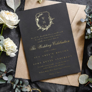 Invitation En Aluminium classique noir monogrammé mariage or crête