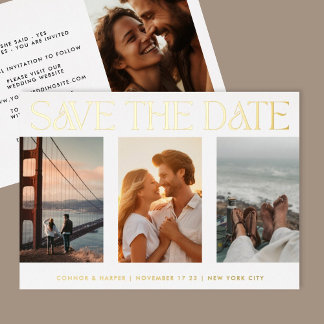 Invitation En Aluminium Classique Quatre Multiphoto Enregistrer La Date Or