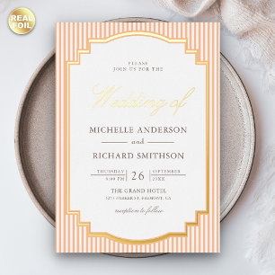 Invitation En Aluminium Classique Rayé Orange Photo Mariage Or