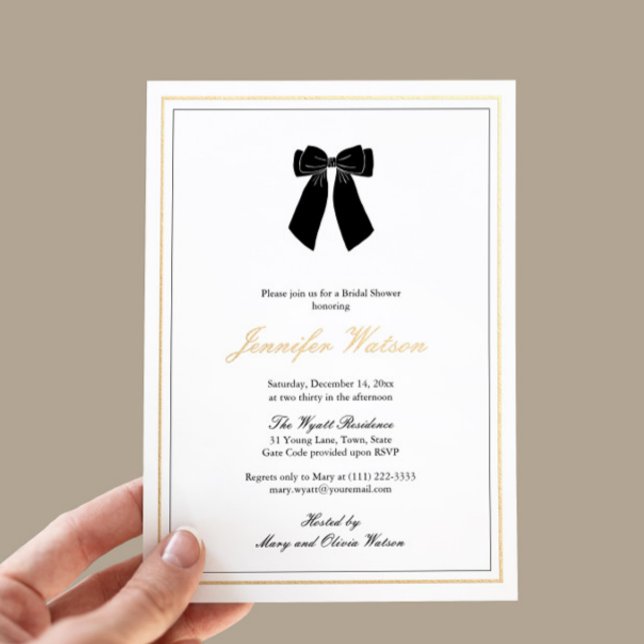 Invitation En Aluminium Classy Black White Gold Vieux argent Fête des mari (Classy Black Bow With Gold Accents Old Money Aesthetic Trendy Bridal Shower Theme)