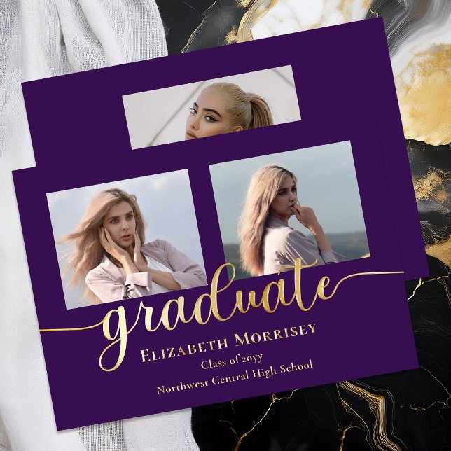 Invitation En Aluminium Classy Elegant Gold Script Text Graduate 3 Photo (Elegant Modern 3 Photo Script Text Graduation Gold Foil Announcement - Purple)