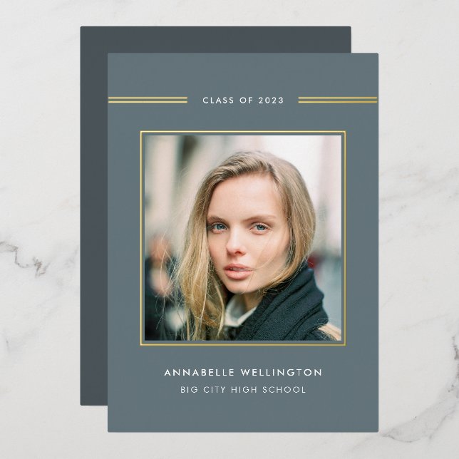 Invitation En Aluminium Classy Elegant Grey Graduation Photo Gold (Recto/Verso)
