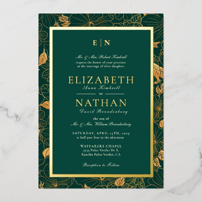 Invitation En Aluminium Classy Green & Gold Foliage Mariage de verdure (Recto)