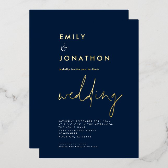 Invitation En Aluminium Classy Script Marine Mariage or Real (Recto/Verso)