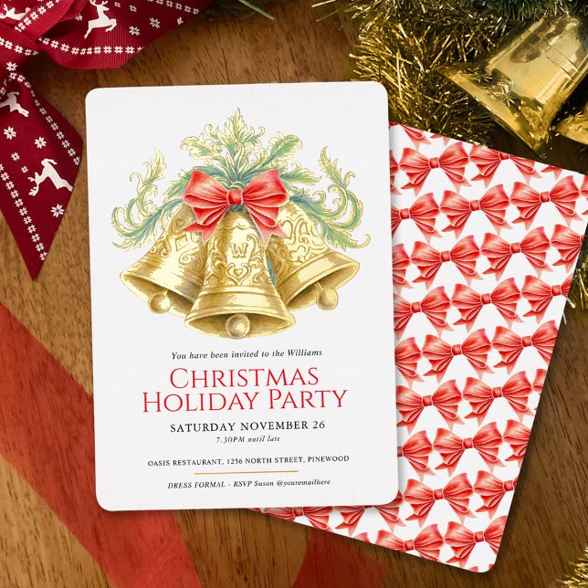 Invitation En Aluminium Cloches dorées de Noël et arc rouge (Créateur téléchargé)