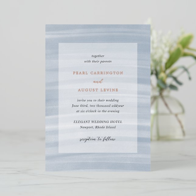 Invitation En Aluminium Coastal Chic Muted Blue Mariage élégant (Debout devant)