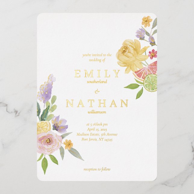 Invitation En Aluminium Cocktail Citrus Mariage Aquarelle Floral Paradise (Recto)