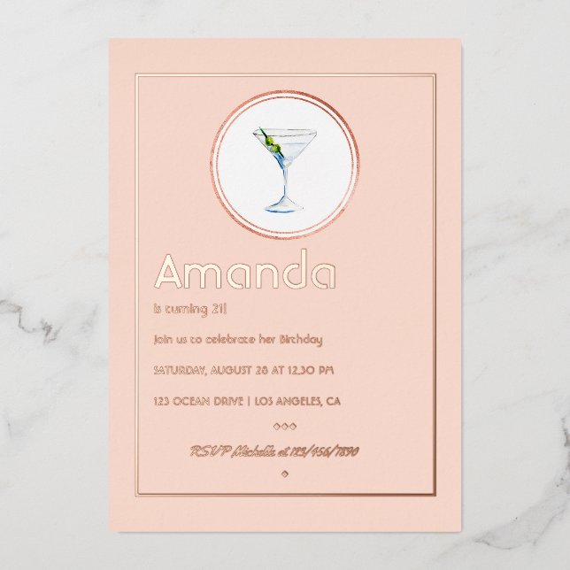 Invitation En Aluminium Cocktail d'anniversaire rose Gold et Blush Pink (Recto)