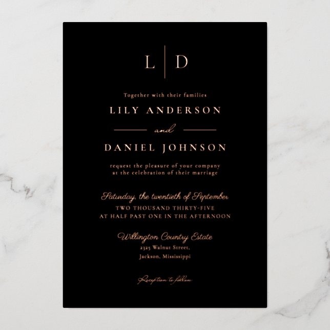Invitation En Aluminium Code QR de monogramme élégant noir Mariage Or rose (Recto)