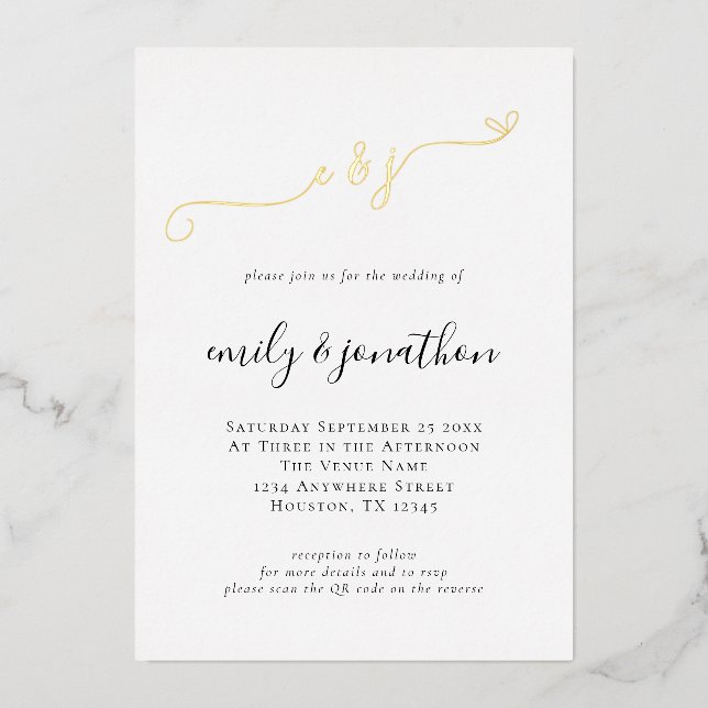 Invitation En Aluminium Code QR Initiales Écriture Élégante Mariage Réel (Recto)