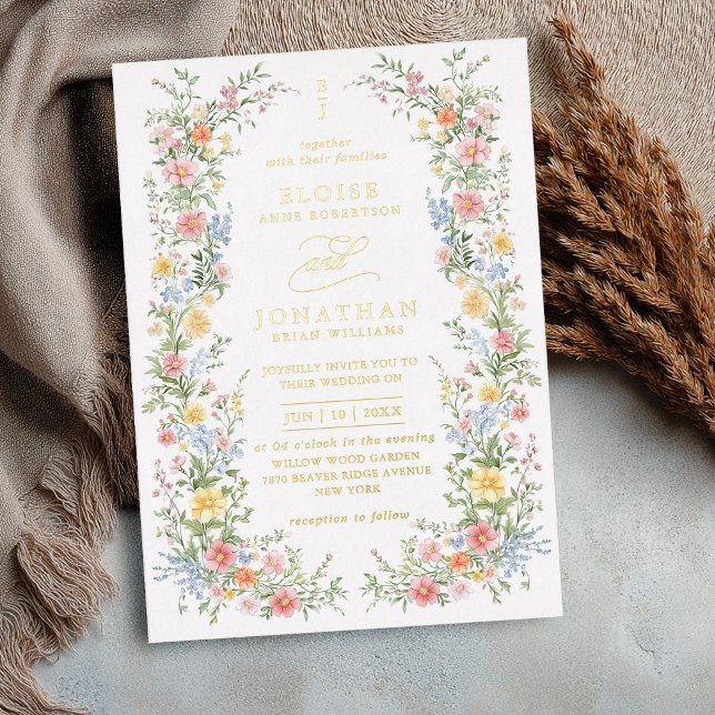 Invitation En Aluminium Code QR Mariage Floral Orné Pâques Pastel Doux (Soft Pastel Ornate Spring Floral QR Code Wedding gold Foil Invitation)
