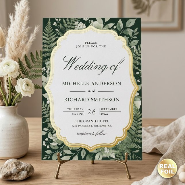 Invitation En Aluminium Code QR mariage forêt enchantée aquarelle or (Créateur téléchargé)