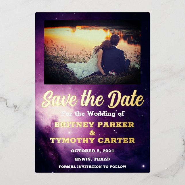 Invitation En Aluminium Code QR moderne Photo Galaxie céleste Mariage (Recto)