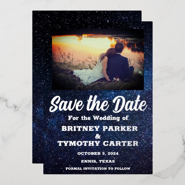 Invitation En Aluminium Code QR moderne Photo Galaxie céleste Mariage (Recto/Verso)