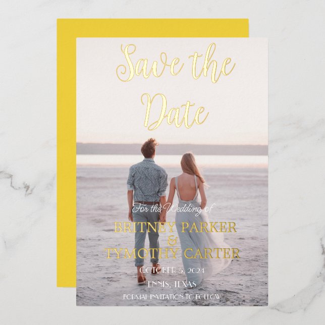 Invitation En Aluminium Code QR moderne Script photo Mariage jaune (Recto/Verso)