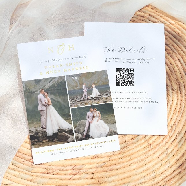 Invitation En Aluminium Code QR Monogramme Brillants 3 Photos Collage Mari (Créateur téléchargé)