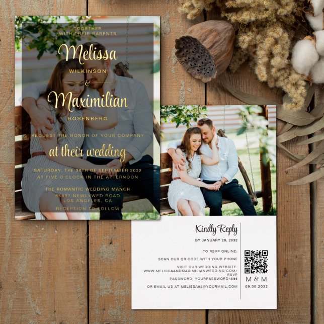 Invitation En Aluminium Code QR noir de 2 photos de script moderne RSVP en (Créateur téléchargé)