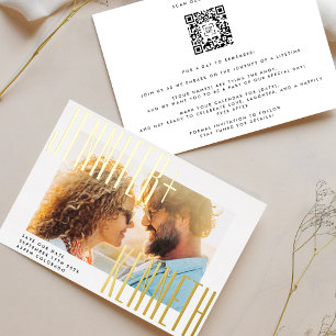 INVITATION EN ALUMINIUM CODE QR OR DORÉ NOMS GRAS PHOTO SAUVEGARDEZ LA DAT