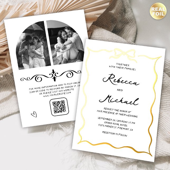Invitation En Aluminium Code QR Photo Mariage Or Main Dessinée Arc (Créateur téléchargé)
