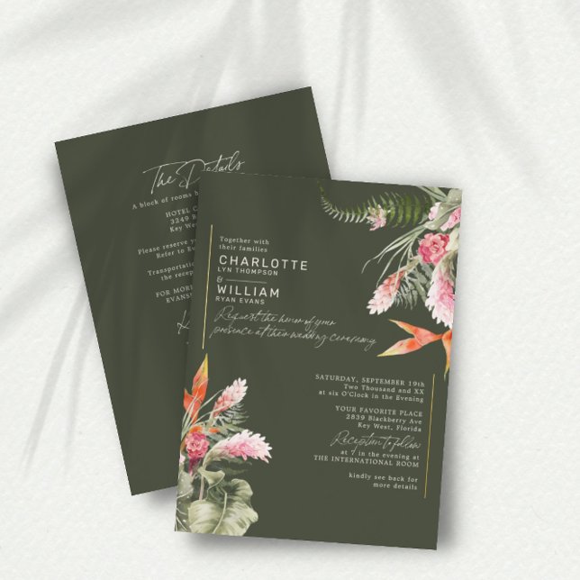 Invitation En Aluminium Code QR RSVP Fleur Tropicale Verte Mariage Or (Créateur téléchargé)