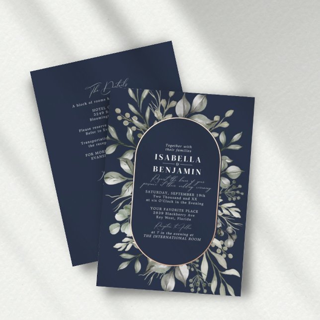 Invitation En Aluminium Code QR RSVP Ovale Vert Navy Mariage Or Rose (Créateur téléchargé)
