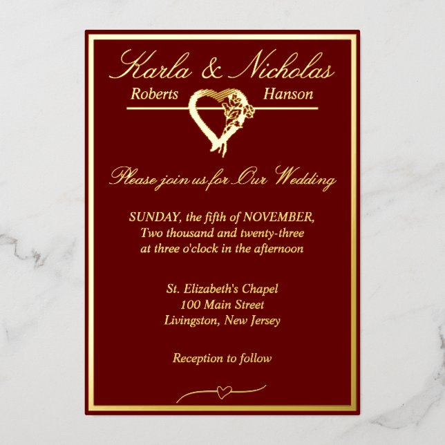 Invitation En Aluminium Coeur & Rose, Bourgogne Mariage Gold Full (Recto)
