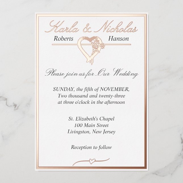 Invitation En Aluminium Coeur & Rose, Mariage blanc élégant, (Recto)