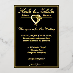 Invitation En Aluminium Coeur & Rose, Mariage noir officiel, Gold Full