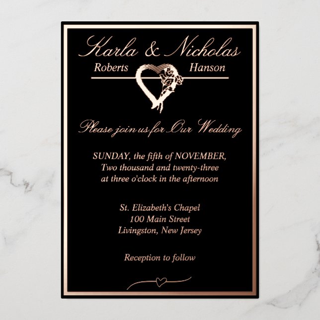 Invitation En Aluminium Coeur & Rose, Mariage noir, Rose Gold Full (Recto)