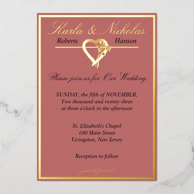 Invitation En Aluminium Coeur & Rose, Rose de cannelle Mariage (Recto)