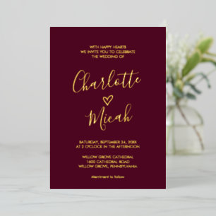 Invitation En Aluminium Coeur tiré à la main Gold Foil Texte Bourgogne M
