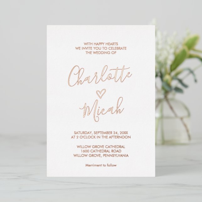 Invitation En Aluminium Coeur tiré à la main | Mariage de texte Rose Gold  (Debout devant)