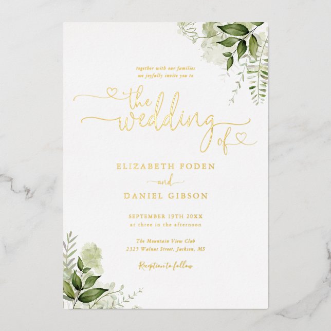 Invitation En Aluminium Cœurs de verdure Écriture calligraphique Mariage O (Recto)