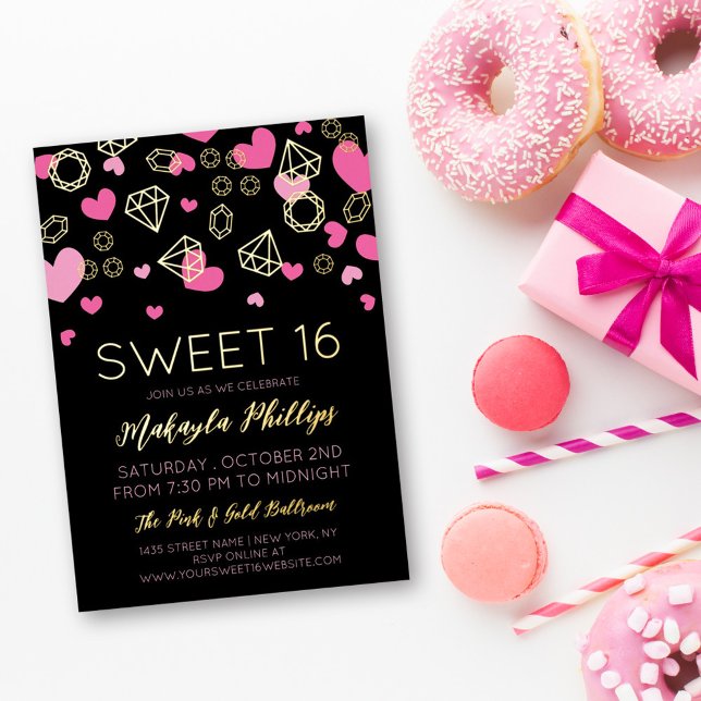 Invitation En Aluminium Coeurs roses et gemmes d'or doux 16 (Créateur téléchargé)