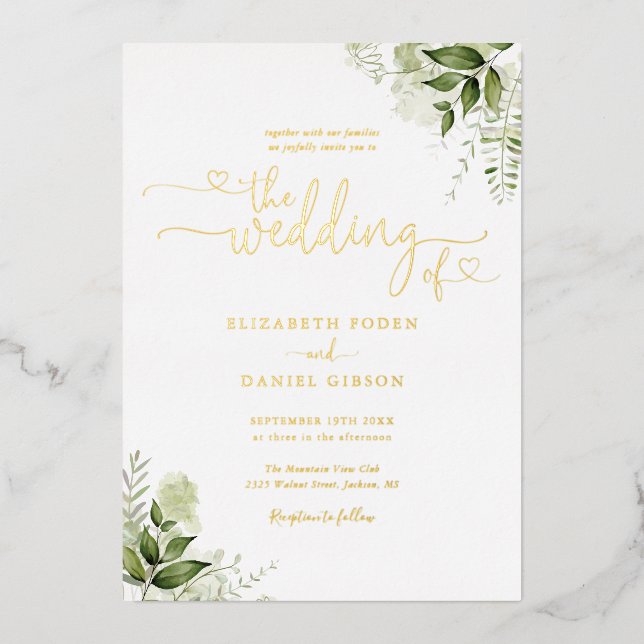 Invitation En Aluminium Coeurs vertes Script Calligraphie Mariage Or (Recto)