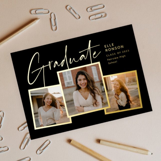 Invitation En Aluminium Collage de photos 3 écriture moderne Or Diplômé  (Modern graduate script black and gold photo collage graduation foil invitation.)
