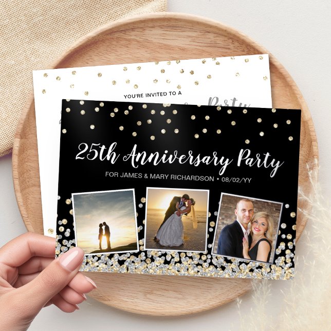Invitation En Aluminium Collage photo Confetti 25e anniversaire de la fête (Confetti Photo Collage 25th Anniversary Party Foil Invitation)