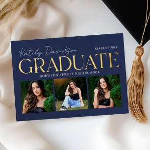 Invitation En Aluminium Collage photo de remise de diplôme Navy Gold Grad 