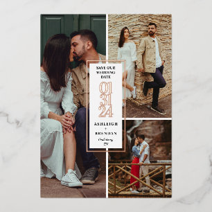 Invitation En Aluminium Collage photo moderne Enregistrer la date