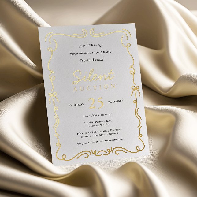 Invitation En Aluminium Collecte de fonds de bienfaisance élégante Enchère (Elegant white and real gold foil invitation for silent auction event with fully editable text)