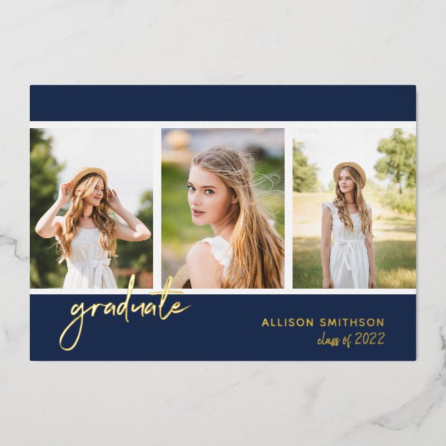 Invitation En Aluminium Collection photo bleu de la Marine moderne Graduat (Recto)