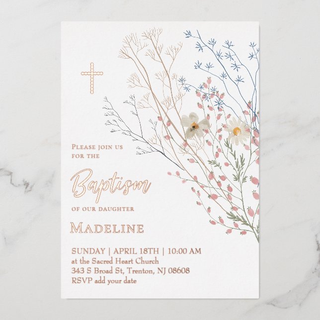Invitation En Aluminium conception de fleurs sauvages Baptême (Recto)