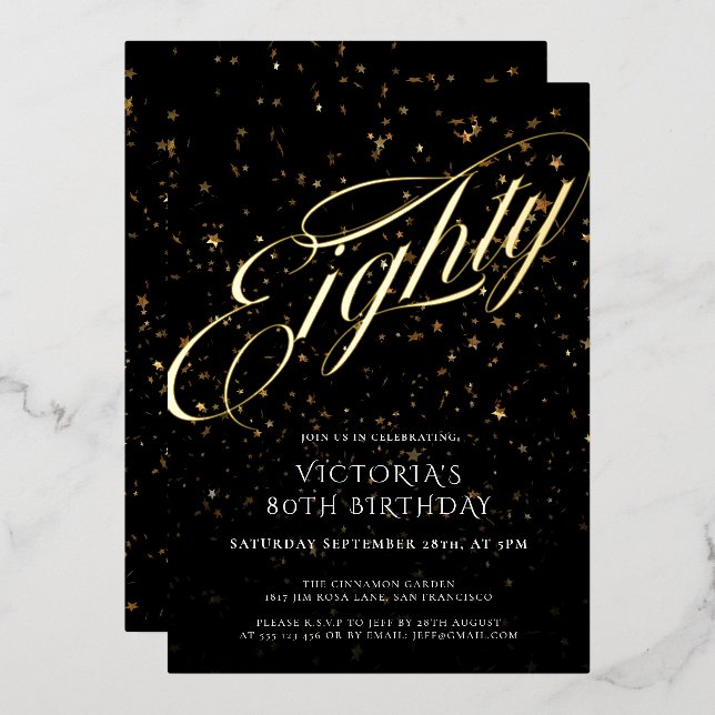 Invitation En Aluminium Confetti 80 Black Gold Elégant 80e anniversaire (Recto/Verso)